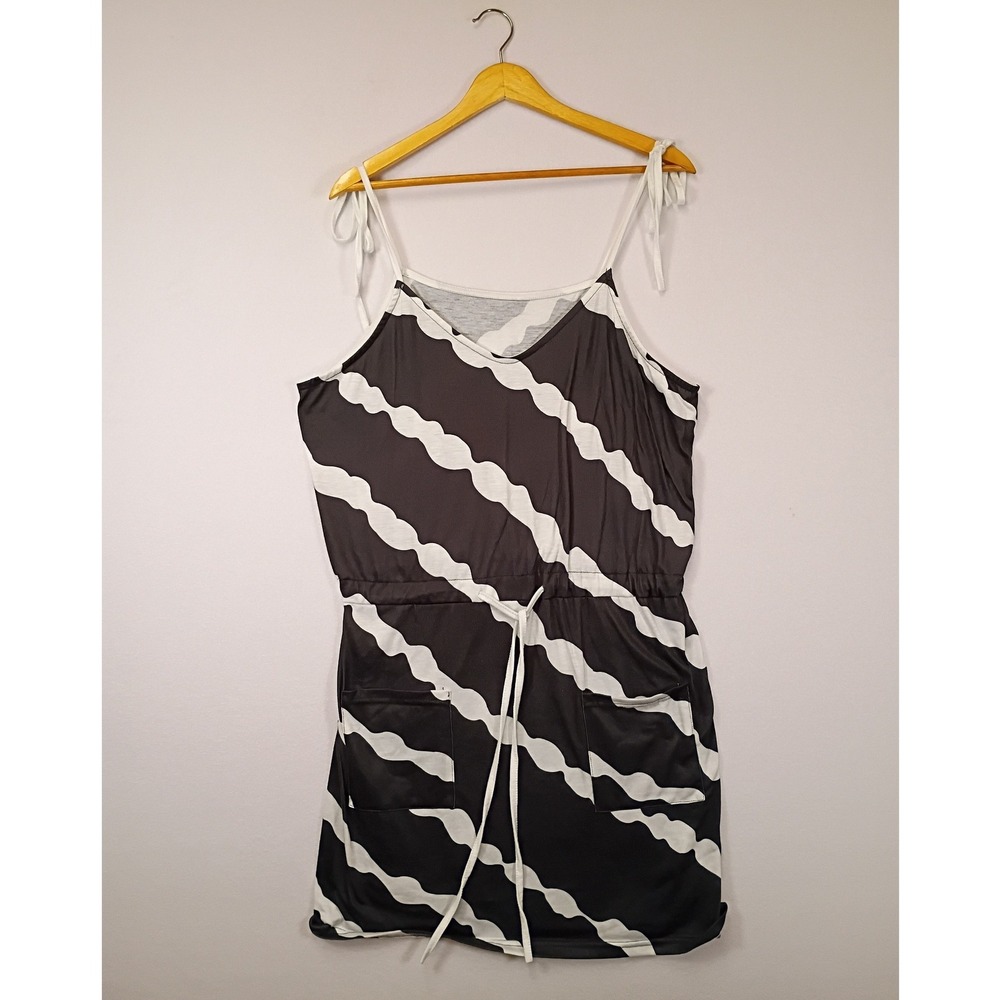Mod Retro Unbranded Women XL Black White Wavy Stripe Tie Shoulder Pocket Dress